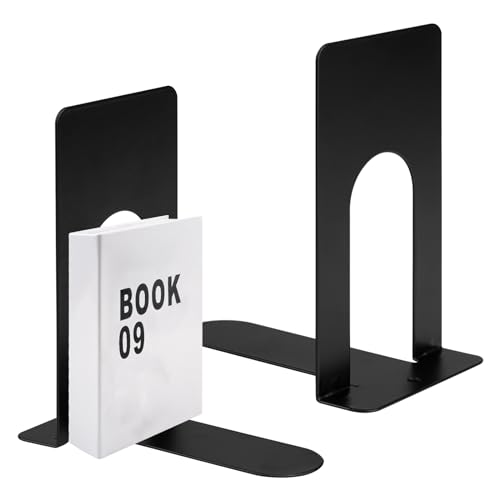 Buchstütze Metall, 2er Pack 80 x 70 x 130mm Buchstützen, Bücherhalter für Bücher, Magazine und DVDs Organzier, Schwarz Bücher Halterung Regal für Kinder, Schule, Bibliothek