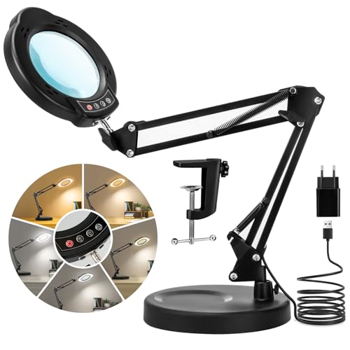 LED Lupenleuchte, 10X Lupe mit Licht 5 Farbmodi Stufenlos Dimmbar, LED Beleuchtete Lupe mit Licht und Klemme Ständer, Hände Frei für Handwerk Malerei Schließen Arbeit Lesen Basteln Schwarz