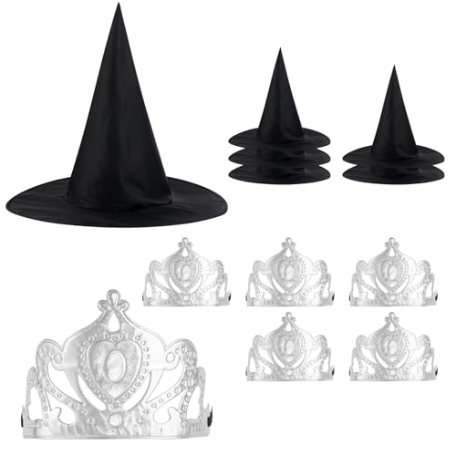 SAVITA 10stk Set Prinzessinnenkronen und Hexenhüten, Enthalten 5stk Silbernen Prinzessinnenkronen mit Gummiband und 5stk Schwarzen Hexenhüten mit Draht für Halloween Cosplay Kostüm Zubehör