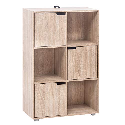 WOLTU Bücherregal, für Arbeitszimmer Schlafzimmer & Wohnzimmer, Bücherschrank mit 3 Türen und 6 Fächer, Aufbewahrungregal, 59,6 x 91 x 29 cm (B x H x T)