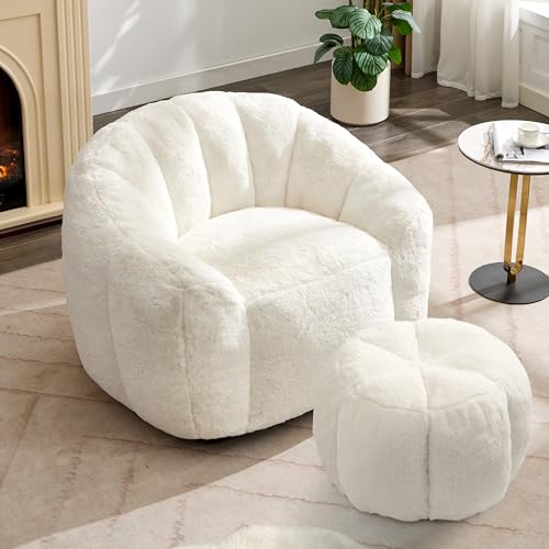 Pmango Sitzsack Loungesessel, 110×95×84 cm, mit Beistellhocker gerundet 50 cm Durchmesser und 35 cm Höhe, Gemütlicher Beanbag-Sessel für Erwachsene als Indoor-Liegesofa, Weiß