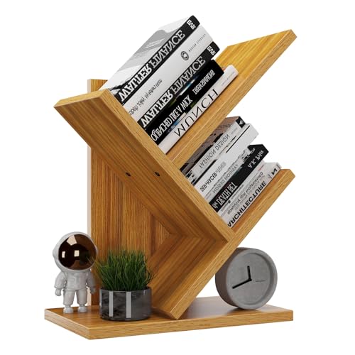 YMYNY Bücherregal im Baumform, 2 Ebenen Schreibtisch-Organizer, Modernes Holzregal für Bücher/Filme/CDs, Schmaler Display Ständer für Schlafzimmer, Home Office, Naturfarben HBC012N