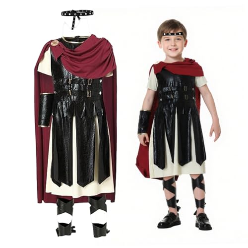 Soldat Kostüm für Jungen, römische Soldaten Kostümkinder, Cosplay für Jungen umfasst Stirnband, Kleid (einschließlich Cape), Ärmelabdeckungen, Beingurte für Cosplay Halloween mittelalterliche Kleidun