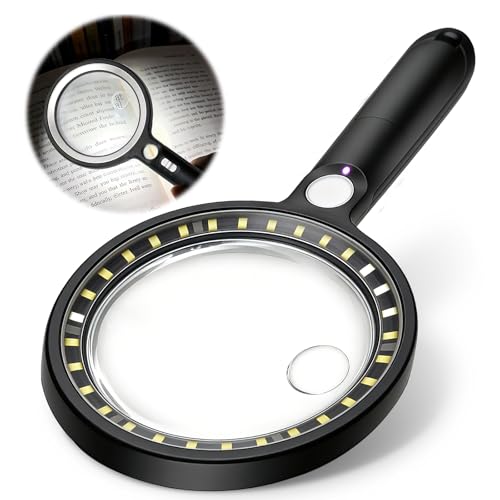 RoserRose Lupe mit Licht – 5x/13x/20x Magnifying Glass with Light, 30 LED + 1 UV-Lampe, Handlupe für Senioren, Leselupe mit gleichmäßigem Licht, Vergrößerungsglas mit Ständer - Schwarz