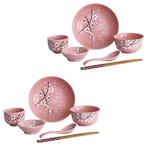 ULTECHNOVO 1Satz Teiliges Japanisches Keramikgeschirr Set für Person Exquisites Rosa Geschirr Set mit Schalen Tellern Tassen und Besteck für Stilvolles Servieren