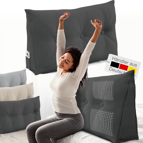 ELONEO Rückenkissen 100 cm breit, Keilkissen für Bett und Sofa geeignet, dreieckiges Lesekissen, Kissen mit abnehmbarem und waschbarem Bezug, mit praktischem Seitenfach