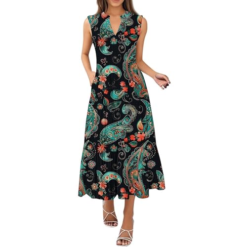 Sommerkleider für Damen, Vintage-Kleider für Damen, 2025, Maxi, lässig, Blumenmuster, Boho, Sommerkleid, ärmellos, V-Ausschnitt, plissiert, Strandurlaub, Tankkleid, A-Linie, Heimkehr, mintgrün, S