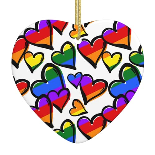Regenbogenfarbene Gay-Pride-Herzen, Weihnachtsbaum, Keramik-Ornamente, herzförmige Weihnachtsschmuck für Romane, 1 Stück