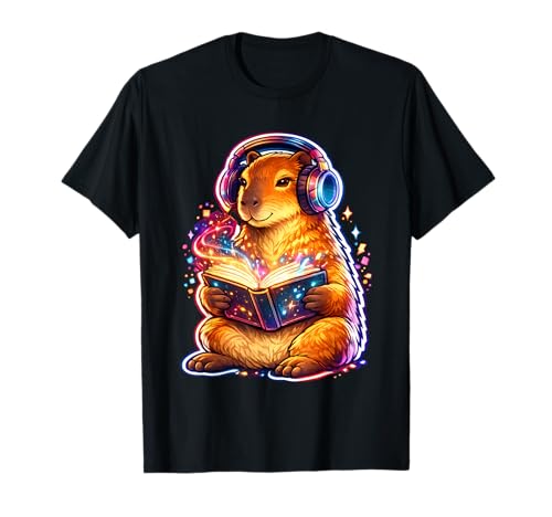 Capybara mit Kopfhörern liest buntes Buch Buchmagie T-Shirt