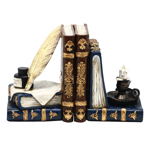 Dekorative Vintage-Buchstützen Einzigartige Zauberer-Federkiel und Tintenflasche mit Öllampe Buchhalter Antiken Stil Buchstützen für Regale Cottage Magic Wohnkultur