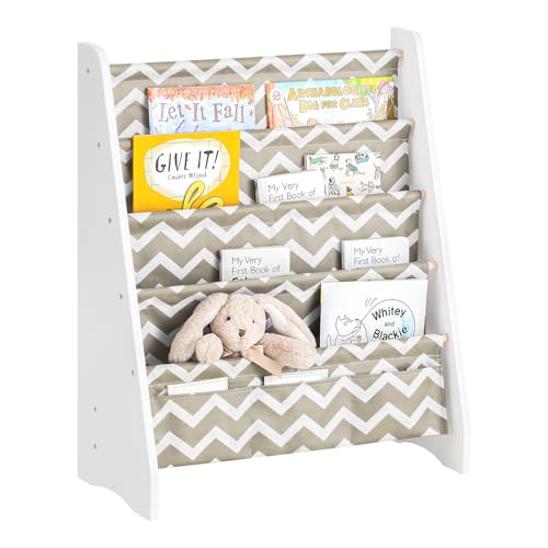 SoBuy Bücherregal Kinder Montessori Regal Kinderzimmer mit 4 Stofffächern Aufbewahrung Spielzeug & Bücher Kinderregal Hängefächerregal Grau 63x76x28cm KMB50-HG