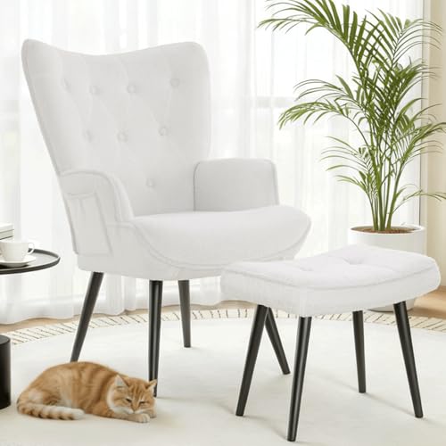 CLEVICH Ohrensessel - Gemütlicher Loungesessel mit Hocker, Lesesesselaus, Teddystoff Armchair für Wohnzimmer & Schlafzimmer - Bis 168kg, Weiß