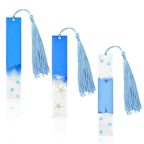 Lesezeichen mit Ozean-Motiv, 3 Stück Lesezeichen für Mädchen, Lesezeichen mit bunten seidigen Quasten, elegantes Lesezeichen mit Muscheln, Seestern und Ozean-Motiven, Kunst-Lesezeichen für Kinder