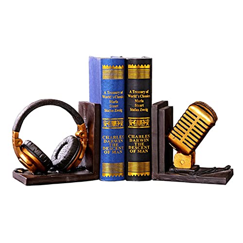 UELEGANS Headset Buchstützen Vintage Design Musik Kopfhörer und Mikrofon aus Kunstharz, Für Regale, Sideboards, Fensterbrett, Tische im Büro,1 Paar