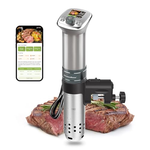 KitchenBoss Sous Vide Garer WiFi：Sous Vide Stick App-Steuerung Sous Vide Stab WLAN Präzisionskocher TFT Touch Display 1100W Zirkulation 40℃-90℃ Ultra-leise IPX7 Wasserdicht