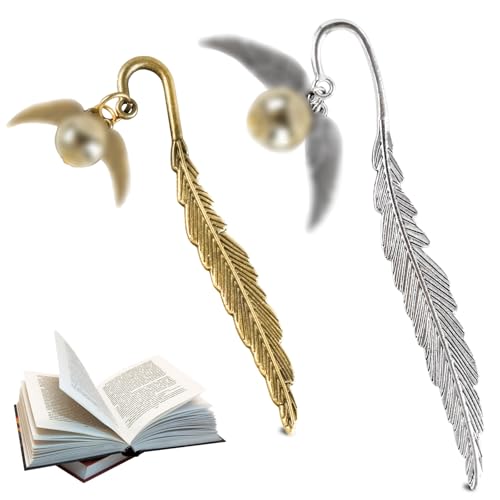 2PCS Wizard Feder Lesezeichen, Metall Lesezeichen, Goldener Schnatz Lesezeichen, Perfektes Geschenk für Leseratten, Frauen, Mädchen, und Kinder