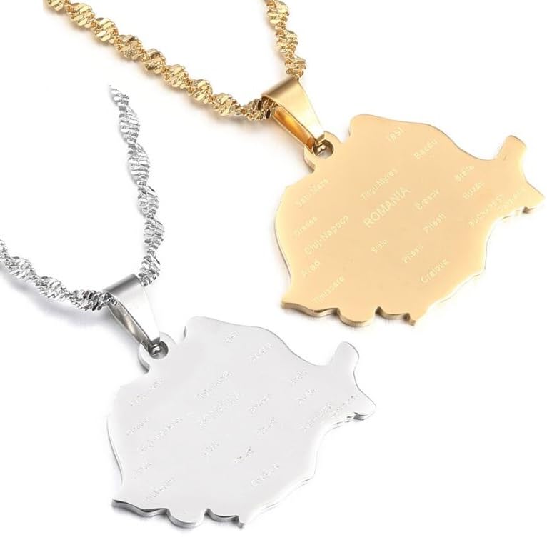 Liumarvexia Rumänische Karte Halskette mit Stadtnamen geschnitzt ethnischer Stil Roman Rumänische Karte Anhänger Schmuck Geschenk 2 Stück 50Cm