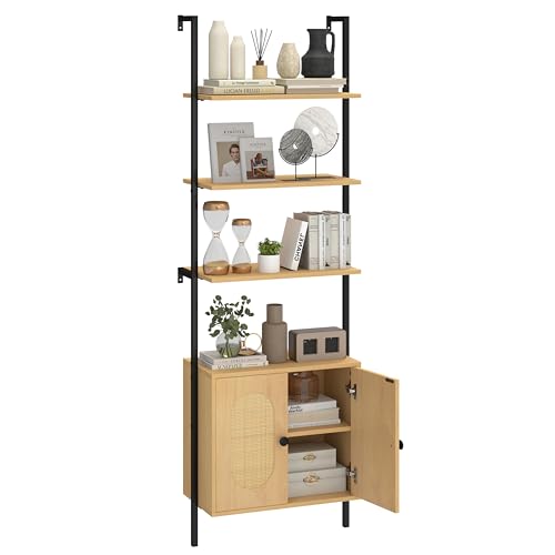 LIFEZEAL Bücherregal mit 3 Ebenen, 184 cm, Leiter mit verstellbarem Regal und Schrank, Aufbewahrungsregal mit Türen aus Rattan und Metallrahmen für Wohnzimmer, Büro, Zuhause, Schlafzimmer, Natur