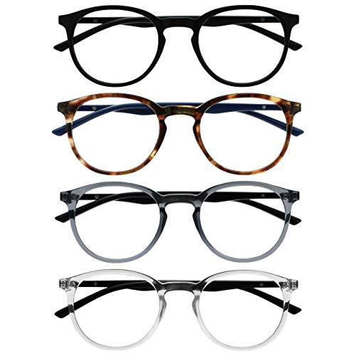 OPULIZE Met Lesebrille 4er Pack Schlank Runder Rahmen Federscharniere Kratzfest Schwarz Braun Transparent Grau Transparent Schwarze Herren Damen RRRR60-127C +2.50