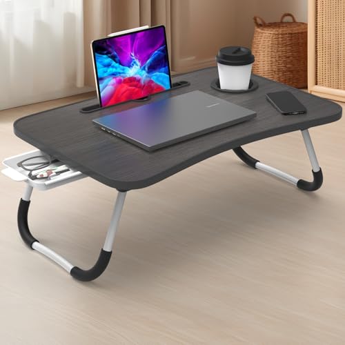 Kidsgigglz Laptoptisch, Laptop Tisch mit Tablethalter, Schublade, Getränkehalter, Betttisch Klappbar für Bett und Sofa, Couch, Boden, Betttablett, Bett Tisch Tragbar(60 x 40 x 28 cm, Schwarze)