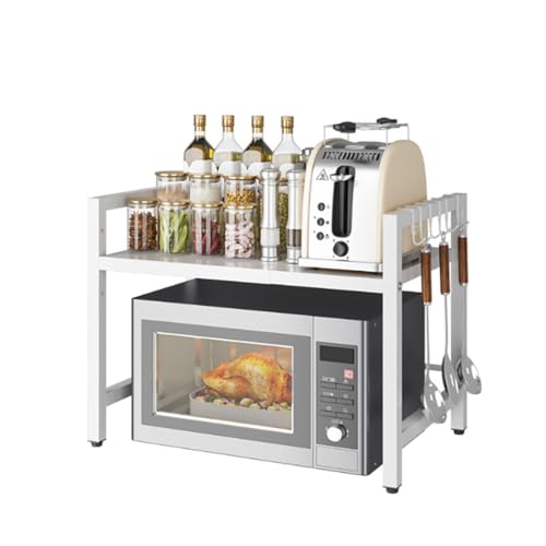 Ausziehbares Mikrowellenregal – Verstellbares Küchenregal mit 6 Haken für Töpfe, Pfannen, Grills – Platzsparendes Lagerregal (23,2 x 14,2 x 18,1 Zoll)