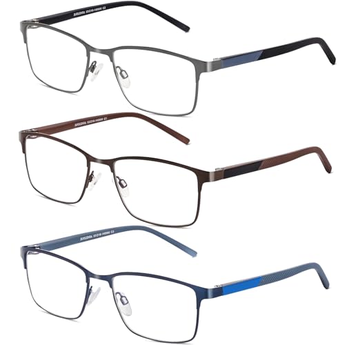DJOLENSA 3er-Pack Lesebrillen für Männer, Blaulicht-Blocker, Computer-Lesebrille Herren, Metallrahmen mit Federscharnier & Etuis, schützt gegen Ermüdung/blendendes Licht/UV-Licht (Stärke +2.0
