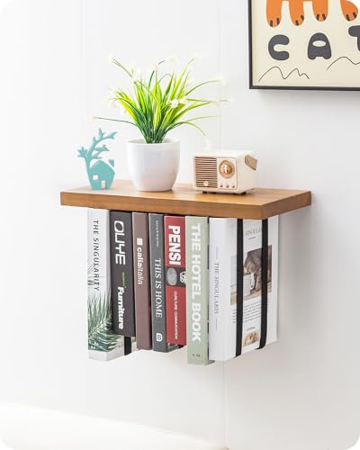 Baffect Bücherregal Wand Mit Einstellbar Gurt, Umgedrehtes Hängend Bücherregal Holz, Schwebendes Bücherregal Deko, Wandregal Bücher Für Buchliebhaber(Einzel)