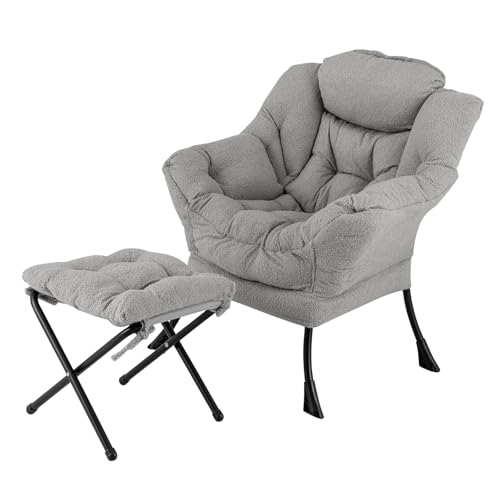 COSTWAY Sessel mit Hocker, Relaxsessel mit Armlehnen, Seitentasche & Fußstütze, Loungesessel, Fernsehsessel, gepolsterter Ohrensessel für Wohnzimmer, Schlafzimmer, Büro (Grau)