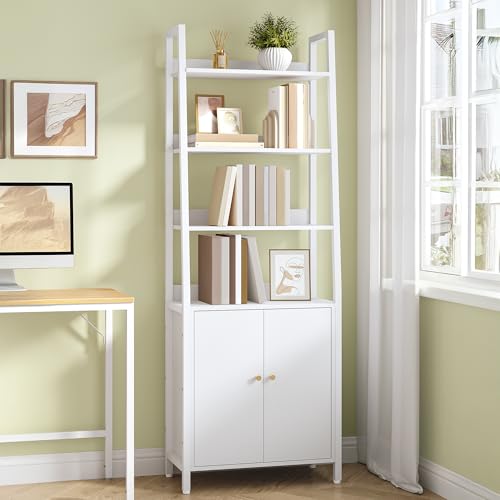 HEXCELEN 6 Ebenen Bücherregal mit Türen, Regal, Trapezförmiges Standregal, Bücherschrank mit 4 Offenen Regalebenen, Verstellbare Ablagen, für Schlafzimmer, Arbeitszimmer, Wohnzimmer, Moderner, Weiß