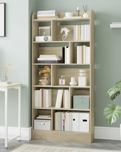Hzuaneri Bücherschrank, Bücherregal, mit 6 Fächern, Aufbewahrungsregal, Standregal, für Wohnzimmer, Büro, Schlafzimmer, 24 x 80 x 170 cm, Eichenbeige BC22816X