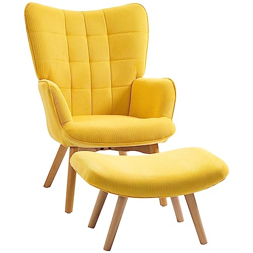 HOMCOM Ohrensessel mit Hocker Sessel Loungesessel mit Cord-Optik, Modern Relaxsessel, Armlehnensessel Lesesessel für Wohnzimmer, Schlafzimmer, Gelb