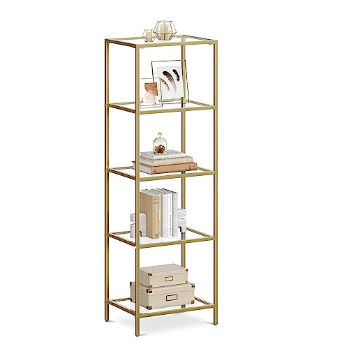 VASAGLE Regal mit 5 Ablagen, Badregal, gehärtetes Glas, einfache Montage, für Badezimmer, Wohnzimmer, Küche, Büro, transparent-metallisches Gold LGT029A01