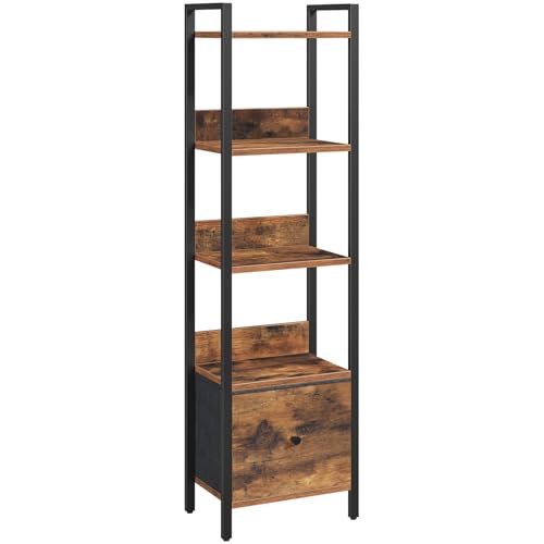MAHANCRIS Bücherregal mit Schublade, Standregal, mit 5 Ebenen, 33 x 24 x 131 cm, Bücherschrank mit Metallrahmen, Organizer für Wohnzimmer, Arbeitszimmer oder Küche, Rustikales Braun ABKHR55101