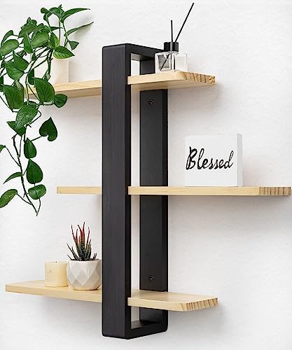 SUMGAR Wandregal Holz, Schweberegale, Hängeregal Größer, Praktische Dreistöckig Dekorative Regale aus Massive Holz für Wohnzimmer Schlafzimmer, Abnehmbarer Bretter, 50x58cm