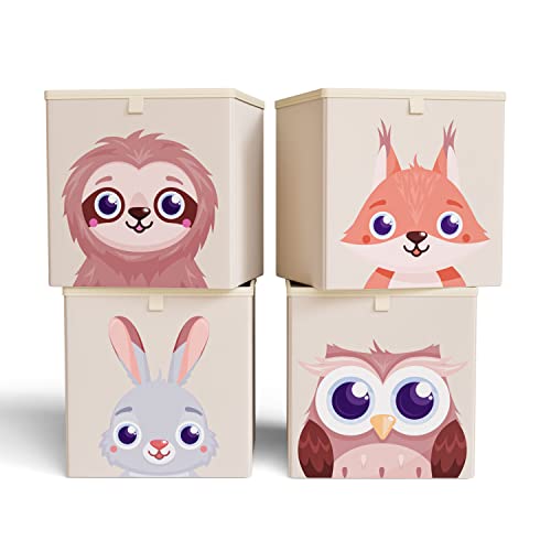 mookrook Aufbewahrungsbox Kinder 4er Set - Boxen für Kallax, praktische Kinderzimmer, Spielzeugkiste, niedliche Spielzeugbox Aufbewahrung Kinderzimmer mit Tier Motiven