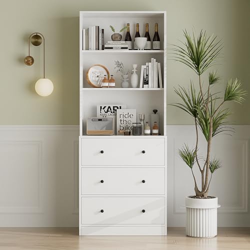 VOWNER 5-stöckiges Bücherregal mit Glastüren, 180 cm Vitrinenschrank, Küchenschränke, Küchenschrank Hochschrank, Buffetschrank für Küche, Wohnzimmer, Esszimmer, B (Weiß, 1PCS)