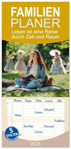 Familienplaner 2026 - Lesen ist eine Reise durch Zeit und Raum mit 5 Spalten (Wandkalender, 21 cm x 45 cm), CALVENDO: Wenn beim Lesen Gedanken Formen annehmen (CALVENDO Menschen)