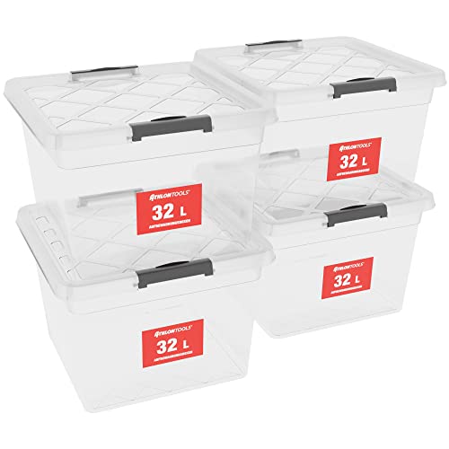 ATHLON TOOLS 4x 32 L Aufbewahrungsboxen mit Deckel, lebensmittelecht - Verschlussclips - 100% Neumaterial Plastik-Box transparent - Kleiderboxen stapelbar…