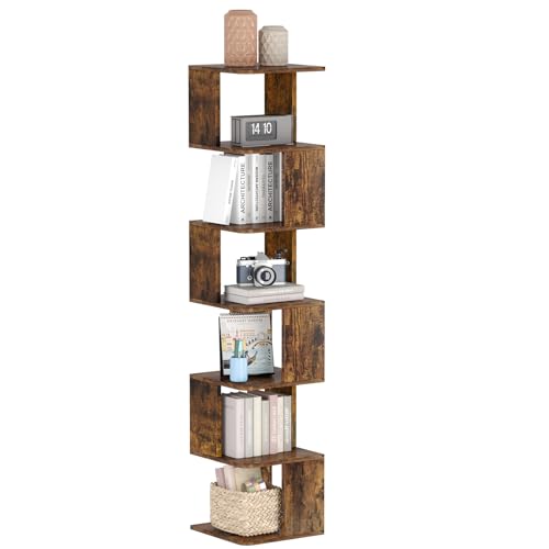 YITAHOME Bücherregal, 6-stöckiges Eckbücherregal S-förmiges Bücherregal, offenes Regalsystem Geeignet für Wohnzimmer, Büro als Präsentations- und Aufbewahrungseinheit Rustikales Braun, Maße 180cm hoch