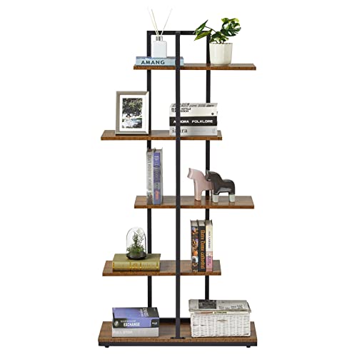 Meerveil Bücherregal, Standregal, 5 Lagiges Asymmetrisches Split-Level Lagerregal, Retro-Industrie Stil Ausstellungsregal, Offene Regalebene, für Wohnzimmer Büro Schlafzimmer, 74 x 28 x 145 cm, Braun