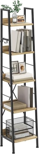 YITAHOME Schmal Bücherregal mit 5 Ebenen 35 cm Breit, Industrielles Leiterregal Standregal Holzregale und Metallrahmen, Modernes Regal für Wohnzimmer, Eichenfarbe