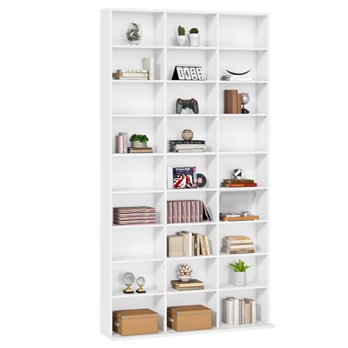 FirFurd 190 cm Bücherregal CD Regal mit 27 Fächern CD Ständer höhenverstellbar Standregal Raumteiler für Wohnzimmer Arbeitszimmer Weiß