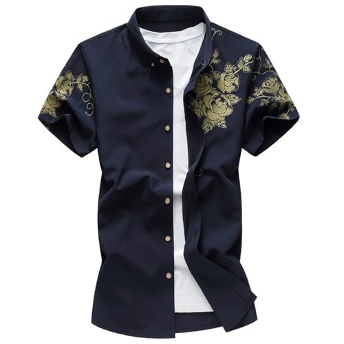 Kurzarm Herren Regular Fit Mode Leinenhemd Temperament Trend Klassisch Knopfleiste Hemd Leichte Komfortabel Atmungsaktiv Casual Shirt C-Navy 5XL