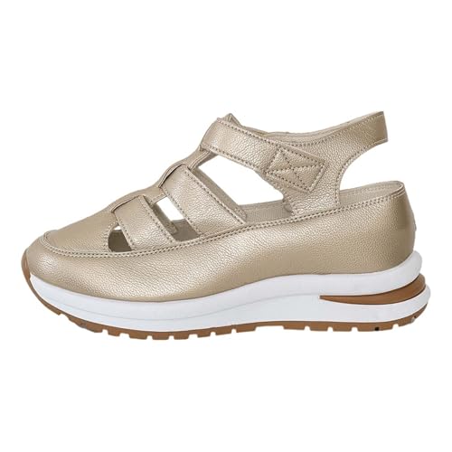 ZTFYKLIN Damen Bequeme Sommerschuhe Sport Sandalen Casual Side Hollow Paste Slope Bottom Roman Schuhe Sommermode Keilabsatz Pumps (Gold, 44) Geschlossene Zehen Trekkingsandale Wandersandalen