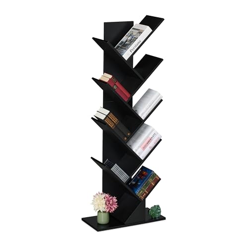 Relaxdays Bücherregal, 9 Ebenen, HBT: 138 x 51 x 25 cm, Baum-Design, Bücher, CDs, Dekoregal, Wohnzimmerregal, schwarz