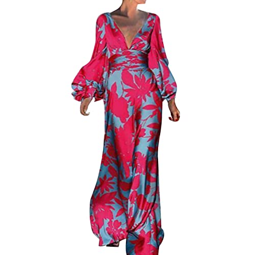 Maxikleider für Damen, Urlaub, V-Ausschnitt, langärmelig, Blumendruck, Strandkleid, Satin-Look, elegante Kleider für Damen, ideal für Resort- oder Abend-Outfits, a, M