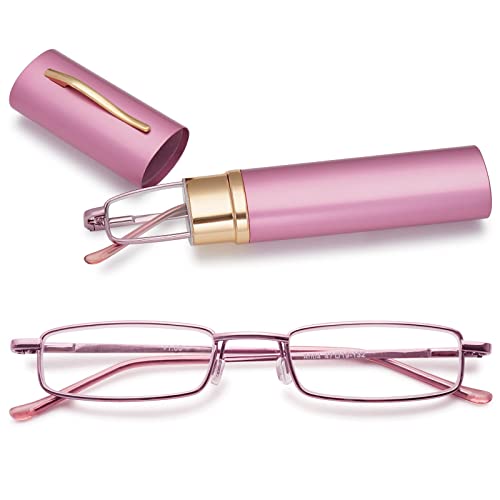 MAGIMODAC Herren Damen Lesebrille Anti Blaulicht Brille mit sehstärke Blaulichtfilter Metall Lesehilfe schmale Lesebrillen mit Stiftetui (2.0, Rosa)