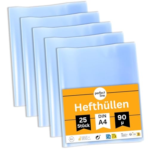perfect line 25 Hefthüllen DIN-A4 transparent, Heftumschlag durchsichtig & genarbt, Heftschoner aus recyclebarem PP