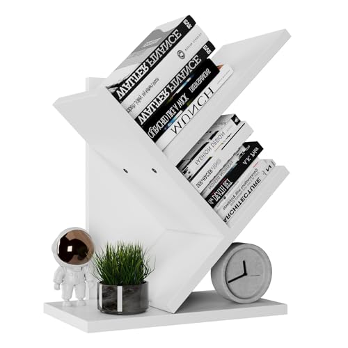 YMYNY Bücherregal im Baumform, 2 Ebenen Schreibtisch-Organizer, Modernes Holzregal für Bücher/Filme/CDs, Schmaler Display Ständer für Schlafzimmer, Home Office, Weiß HBC012W