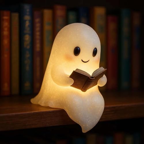 Niedliche Geister-Leselampe, Ghost Reading Book Lamp, Halloween Deko Led Geist Lampe, 3D-LED-Geister Statue Nachtlicht, Halloween Niedliche Ghost für Leser und Buchliebhaber (1P 22CM)